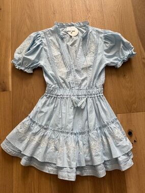 Light Blue Embroidered Mabel Mini Dress with Tassel Waist